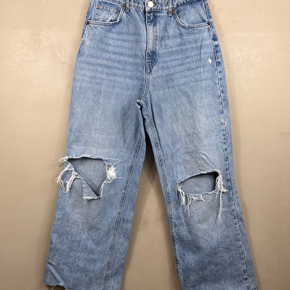 Zara Light Blue Distressed Straight-Leg Jeans